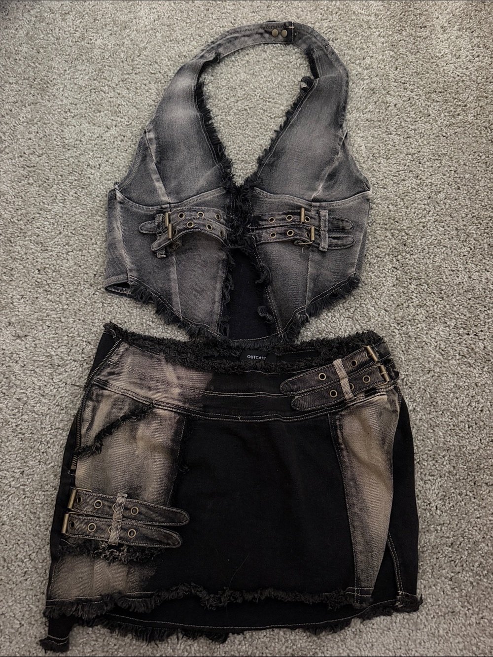 Washed Black Denim Halter Vest and Mini Skirt Set